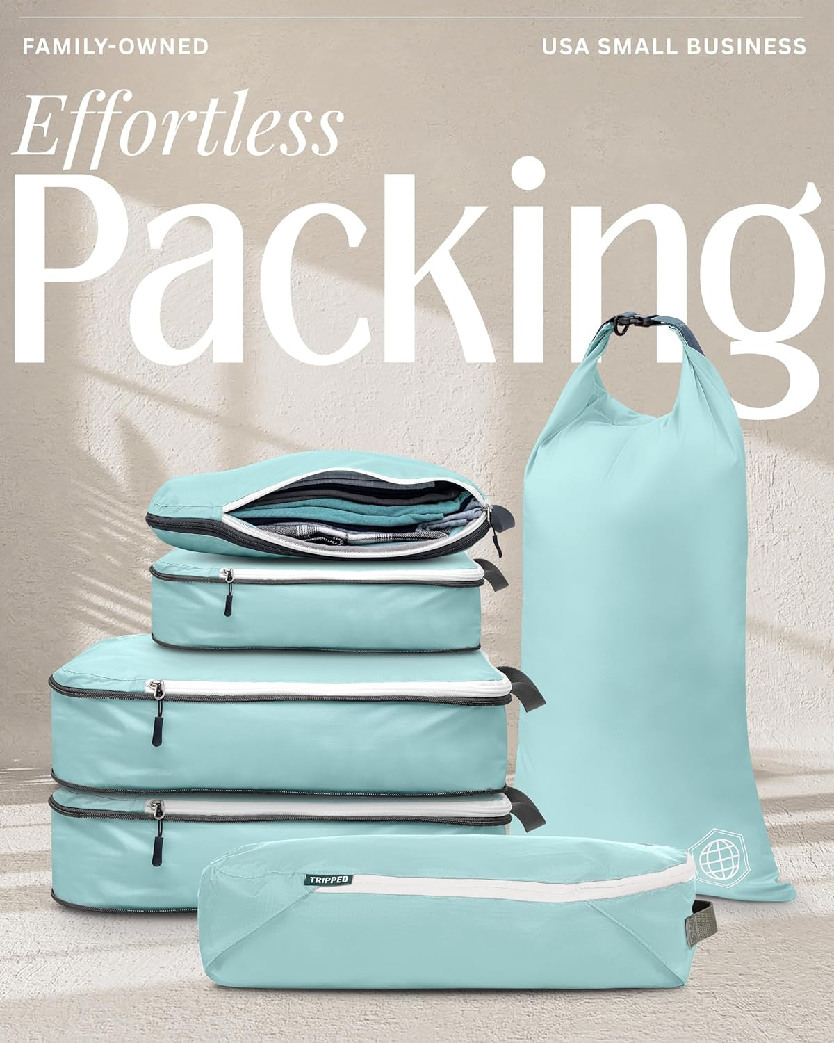 Compression Packing Cubes for Travel - Luggage and Backpack Organizer Packaging Cubes for Clothes (Dusty Teal and White, 6Piece)