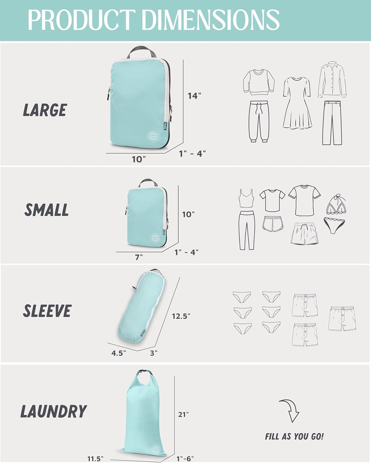 Compression Packing Cubes for Travel - Luggage and Backpack Organizer Packaging Cubes for Clothes (Dusty Teal and White, 6Piece)