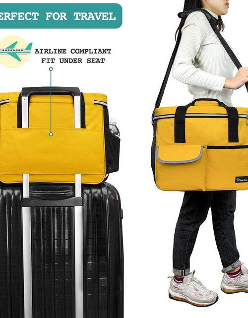 Load image into Gallery viewer, Dog Travel Bag | Airline Approved Tote Organizer with Multi-Function Pockets, Food Container Bag and Collapsible Bowl | Perfect Weekend Pet Travel Set for Dog, Cat (Yellow, Small)
