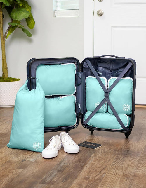Load image into Gallery viewer, Compression Packing Cubes for Travel - Luggage and Backpack Organizer Packaging Cubes for Clothes (Dusty Teal and White, 6Piece)
