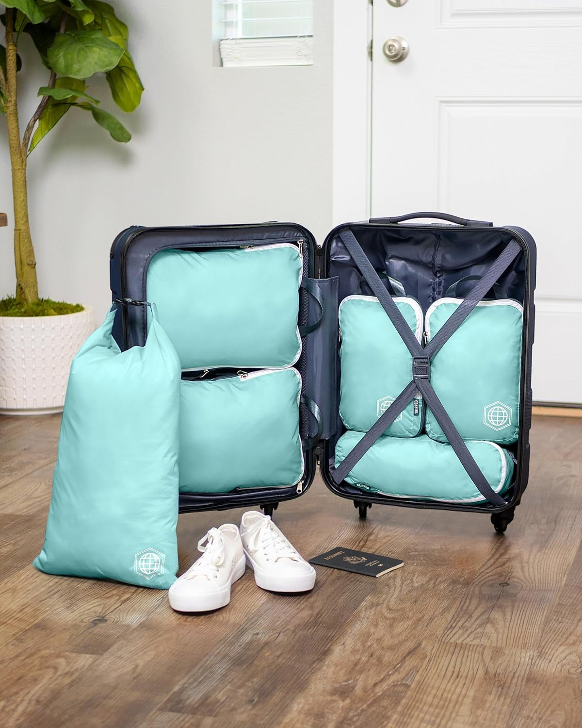 Compression Packing Cubes for Travel - Luggage and Backpack Organizer Packaging Cubes for Clothes (Dusty Teal and White, 6Piece)