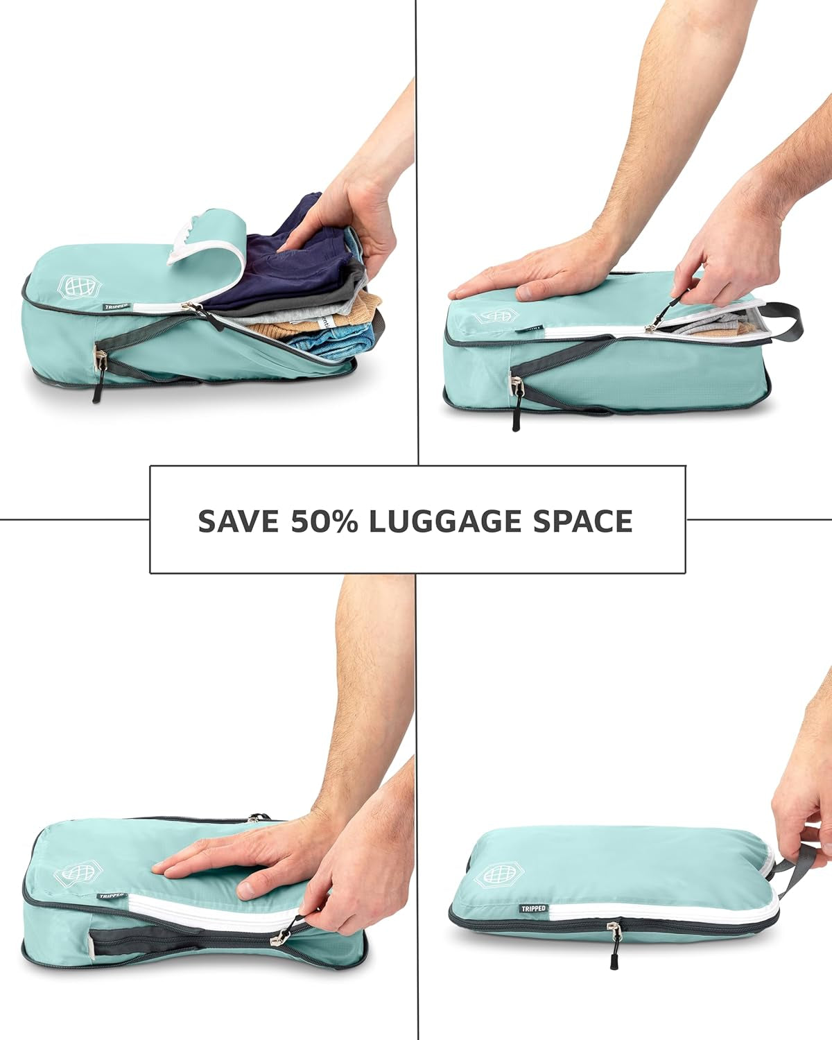 Compression Packing Cubes for Travel - Luggage and Backpack Organizer Packaging Cubes for Clothes (Dusty Teal and White, 6Piece)