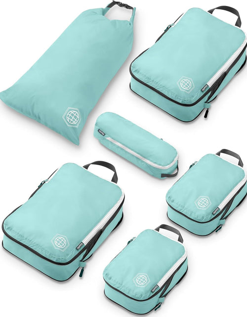 Load image into Gallery viewer, Compression Packing Cubes for Travel - Luggage and Backpack Organizer Packaging Cubes for Clothes (Dusty Teal and White, 6Piece)
