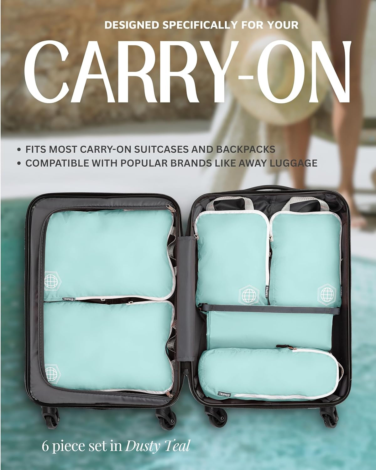 Compression Packing Cubes for Travel - Luggage and Backpack Organizer Packaging Cubes for Clothes (Dusty Teal and White, 6Piece)
